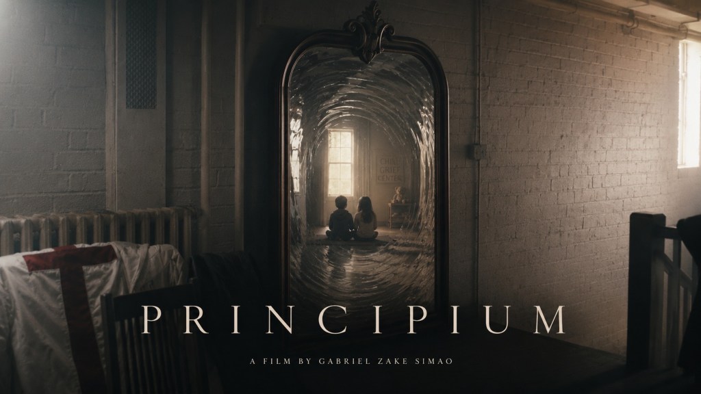 PRINCIPIUM — two children sit before an antique mirror opening onto a grief center